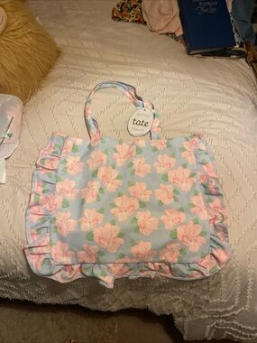 totes Floral Ruffle Tote - Light Blue with Pink Flowers